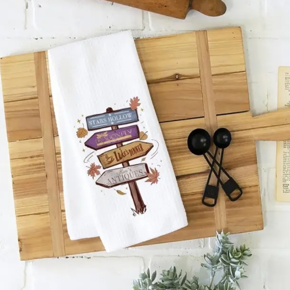 Gilmore Girls Themed Kitchen Tea Towel Ft. Iconic Stars Hollow Shops 🪧